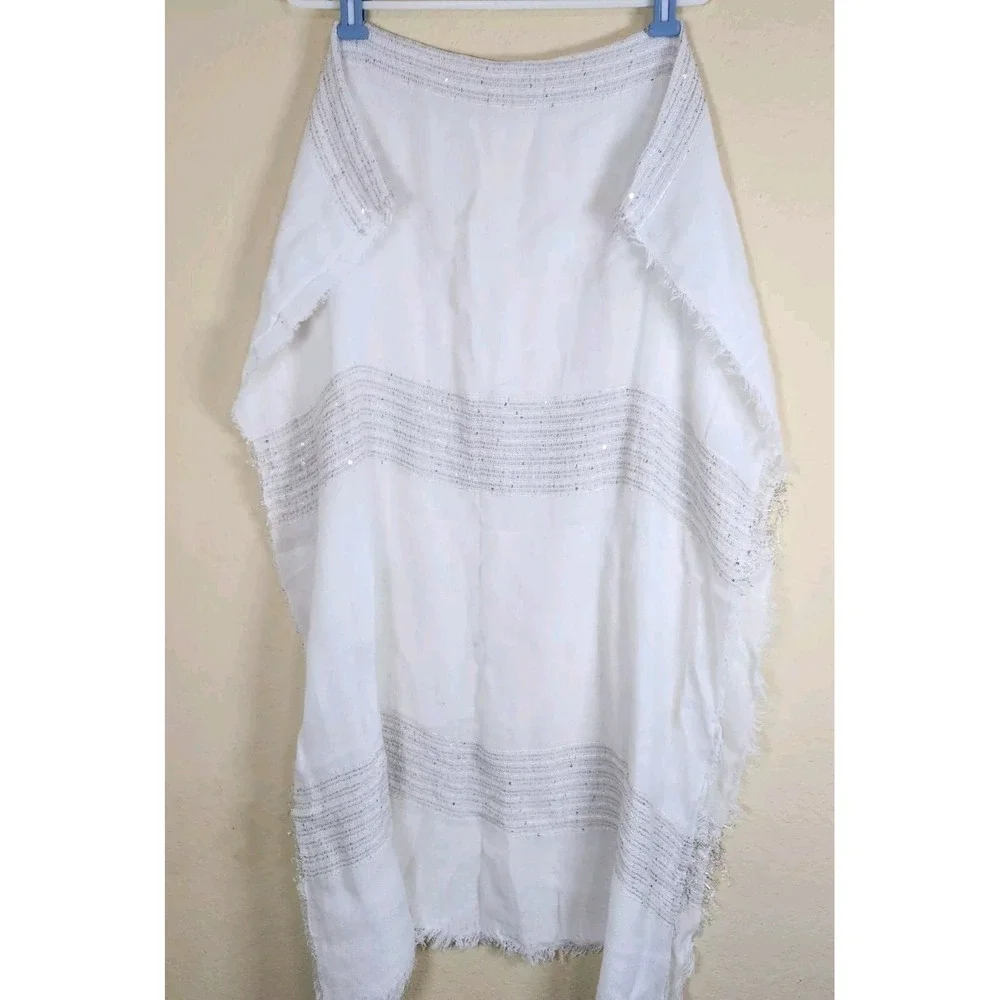 Unbranded‎ Large Soft White Shawl Wrap Scarf cheese cloth Fringe sequins sparkle